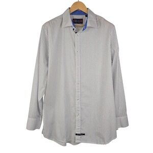 English Laundry Men's Dress Shirt Geometric Flip Cuff Cotton White Blue 18 36/37